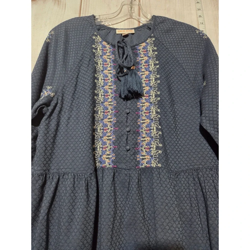 Knox Rose Women's Blue Embroidered Tassel Tie Long Sleeve Dress M Pockets - Picture 5 of 8